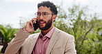Phone call, discussion and businessman outdoor with networking, contact or connectivity. Negotiation, nature and male financial investor on mobile conversation for corporate investment deal in city.