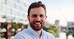 Face, business and man with smile in city of real estate, property development and corporate career. Portrait, realtor and confident for ambition of infrastructure, project management of urban travel