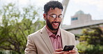 Business, smile and man in city, cellphone and message to contact, laughing and texting. Person, employee and mobile user in street, smartphone or social media with funny meme, joke or online reading
