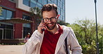 Phone call, happy and man outdoor with networking, contact or connectivity with conversation. Smile, walking and male person on mobile discussion for good news with job offer on cellphone in city.