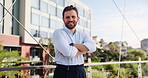 Face, business and man with pride in city of real estate, property development and corporate career. Smile, realtor and arms crossed for ambition of infrastructure, project management of urban travel