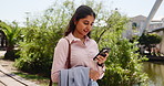 Business, internet and woman in city, smartphone and message to contact, connection and texting. Person, employee and mobile user in street, cellphone and social media with online reading and app