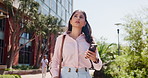 Walking, business and woman with smartphone, lost or confused with location. Late for appointment, person or employee in city, cellphone or doubt with urban town, digital app for direction or anxiety