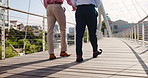 Business people, legs or walking with bridge for career discussion, opportunity or conversation in city. Shoes, feet or employees strolling for company journey, negotiation or travel in an urban town