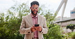 Business, smile and man in city, smartphone and message to contact, online humor and texting. Happy person, employee and mobile user in street, cellphone and social media with connection and laughing
