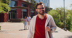 Travel, walking and man in city for holiday, vacation and sightseeing on trip with bag. Journey, commute and happy person outdoor for tourism, explore and thinking on adventure with vision on street