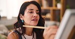 Woman, palette and painting with canvas in home studio with creativity, process and smile for sketch with project. Person, artist and brush with stroke, drawing and design in living room at apartment