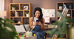 Home, painter and woman with cellphone, headphones and laughing with online video. Mature person, apartment and artist in lounge, smartphone and headset with joke, funny meme or creativity with break