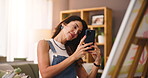 Painter, phone and photography of painting in studio for online portfolio, advertising art or creative blog. Artist, mature woman or picture of canvas in home for social media, marketing or reference