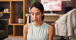 Home, breathing and woman with meditation, eyes closed and yoga with exercise in living room. Apartment, yogi and mature person in lounge, health benefits and fitness with morning routine and balance