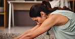 Woman, fitness or yoga with stretching for exercise, workout or balance on mat at home. Female person, yogi or warm up with legs in zen or pose for flexbility, physical activity or practice at house