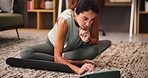Home, woman and online with tablet for fitness, streaming class and connection for workout website. Floor, mature person and technology with typing for digital video, virtual exercise and application
