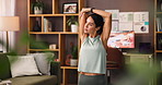 Fitness, woman and stretching arm in living room for body health, wellness or training preparation. Warm up, flexible or person practice pilates in home office to exercise or getting ready to workout