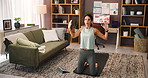 Yoga, breathing and woman stretching in living room for body health, namaste or online class on tablet. Warm up shoulders, flexible and person exercise, meditation or fitness tutorial in home office