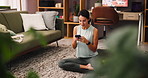 Happy, fitness and woman with smartphone, home and research for exercise routine, smile or living room. House, healthy and mature person with mobile for workout tips, typing or social media in lounge