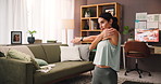 Fitness, woman and stretching in lounge for wellness, body health or training preparation in home office. Warm up arm, flexible person or practice pilates to exercise, getting ready or workout muscle