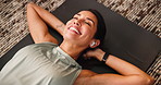 Relax, music and stretching with woman on floor for guided meditation, streaming podcast and wellness radio. Peace, fitness and health with above of person in living room at home with yoga mat