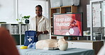 Woman, bag and teaching for first aid training for rescue safety, demonstration lesson and advice. African person, explaining and injury kit for medical emergency, learning procedure and life saving