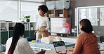 First aid, group and woman with presentation, teaching and seminar for skills development. People, medical and presenter with advice, healthcare or training course for emergency, workshop or tutorial