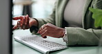 Woman, hands and explain with video call for meeting, staff training or coaching in office. Closeup, female person and computer presentation for speech, talking and online seminar in workplace