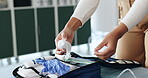 Hands, woman and bandage for first aid training of injection process, demonstration lesson and course. Person, explain and gauze of wound care, medical emergency and learning procedure of life saving