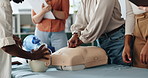 Ventilator, cpr and hands of people with dummy for demonstration, tutorial and lesson for first aid. Healthcare, safety and group with respiratory mask for paramedic course, learning or medical class