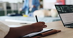 Person, hands and writing with notes in classroom for first aid training, emergency safety or course. Closeup, student or learner with documents for medical workshop, paramedic practice or lesson