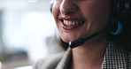 Headset, mouth and businesswoman in office for call center, tech support or telemarketing. Talking, mic and female customer service consultation with online call with crm or contact us in workplace.
