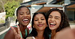 Happy women, faces and friends with selfie for photography, summer vacation or weekend at pool party. Portrait, female people or peace sign with smile for picture, memory or moment together at resort