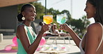 Happy women, friends and cheers with drink at pool for summer holiday, vacation or weekend at party. Female people, toast or cocktail with smile or glasses for good vibes or fun time at luxury resort