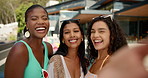 Happy women, faces and friends with selfie for summer vacation, photography or weekend at pool party. Portrait, female people or group with smile for picture, memory or moment together at resort