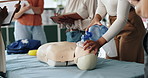 Ventilator, cpr and people with dummy for learning, tutorial or lesson for paramedic course. Healthcare, safety and woman with group and respiratory mask for demonstration, first aid or medical class