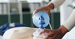 Ventilator, first aid and hands of person with dummy for demonstration, tutorial and lesson for cpr. Healthcare, safety and woman with respiratory mask for paramedic course, learning or medical class