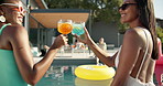 Happy women, back or cheers with drink at pool party for summer holiday, vacation or weekend. Female people, toast or friends with cocktail or sunglasses for good vibe or fun time at luxury resort