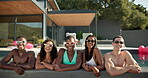 Face, party and friends with smile in swimming pool together for holiday, travel or vacation to relax. Sunglasses, fun or group of people in water at hotel, lodge or resort for summer outdoor weekend