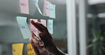Hands, moodboard and sticky notes with business person closeup in office for brainstorming or planning. Glass wall, profit management and schedule with employee in workplace for process or steps