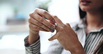Divorce, woman and hands with wedding ring in home for toxic marriage, cheating drama and enough of betrayal. Relationship fail, person and stress for break up, infidelity and separation in lounge
