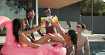 Happy people, friends and cheers with drinks at pool for summer holiday, vacation party or weekend. Group, gathering or celebration with toast or glasses in relax for good vibes or fun time at resort