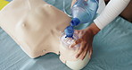 Ventilator, cpr and above of person with dummy for demonstration, tutorial and lesson for first aid. Healthcare, safety and woman with respiratory mask for paramedic course, learning or medical class