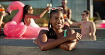 Face, relax or happy woman in swimming pool to party for holiday, break or vacation. Laughing, thinking or girl in water with smile or friends or people at hotel, lodge or resort for summer getaway