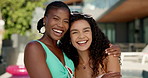 Face, hug and smile with women poolside at hotel for summer holiday or vacation together. Happy, laughing and travel with best friends embracing at swimming pool of lodge or resort for bonding