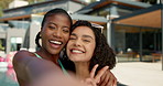 Happy women, peace sign and friends with selfie for summer vacation, photography or weekend at pool party. Portrait, female people or hug with smile for picture, memory or moment together at resort