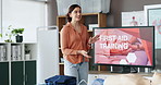 Happy woman, paramedic or screen with presentation for first aid training or emergency service at office. Female person, trainer or healthcare coach with monitor for health and safety lesson or class