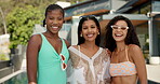 Face, friends and women on vacation, hug and happiness for reunion on getaway, summer and outdoor. Hotel, embrace and people on resort for weekend, travel and smile for girls trip in California 