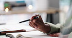 Business woman, hands and thinking with notebook for planning, checklist or calendar schedule at desk. Employee, person and journal for notes, agenda or brainstorming for creative ideas in office