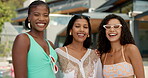 Group, friends and women on vacation, hug and happiness for reunion on getaway, summer and outdoor. Face, embrace and people on resort for weekend, travel and smile for girls trip in California