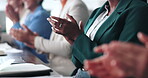 Business, people and hands with applause in meeting for financial seminar, company growth and profit increase. Corporate team, group and clapping in presentation for workshop success and celebration