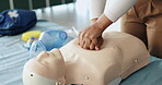 Hands, woman and dummy for cpr training of first aid, demonstration lesson and healthcare protocol. Person, mannequin and ventilation process, medical emergency and learning procedure for life saving