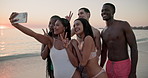 Beach, sunset and friends with selfie for summer vacation, holiday or travel outdoor. Sea, group and happy people with photography, memory or post picture on social media with peace sign or blow kiss