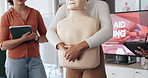 People, hands or mannequin for CPR lesson for rescue safety, demonstration class or education. Body dummy, pointing or paramedic in presentation for medical emergency, learning procedure or first aid